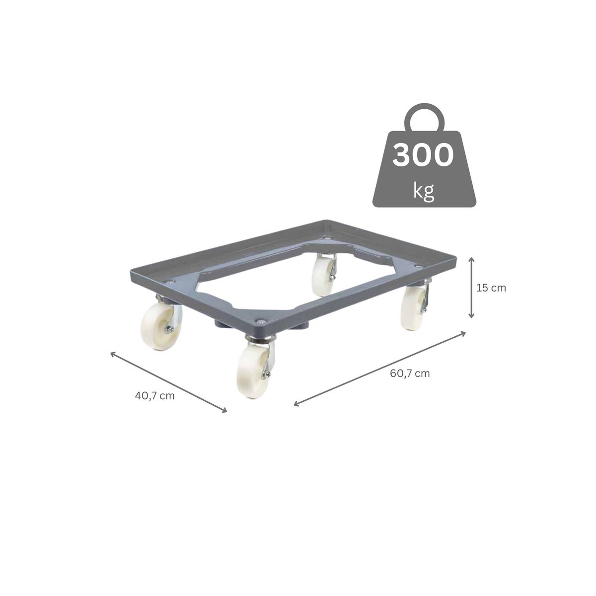 PROREGAL Transportwagen voor Euroboxen 60 x 40 cm met kunststof wielen, grijs, open dek, 2 zwenkwielen en 2 remwielen, draagvermogen 300 kg