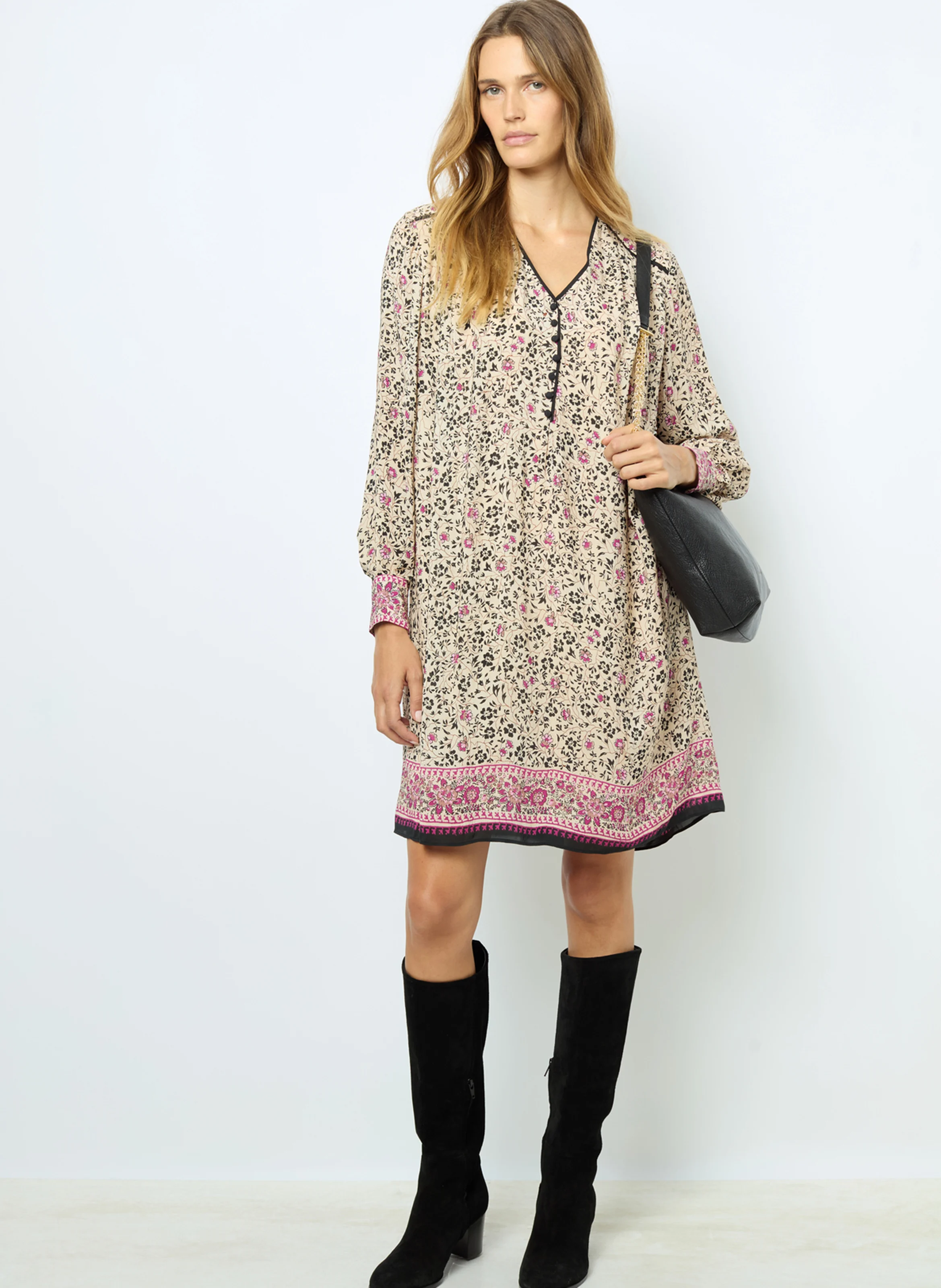 SALINE - Robe droite col V| Beige