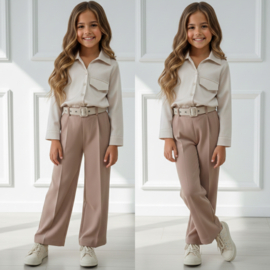 Classy Blouse & Wide Leg Broek Set - beige