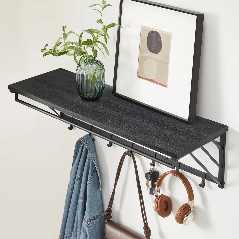 Wandkapstok met Plank en 7 Haken, Metaal en Hout, Zwart