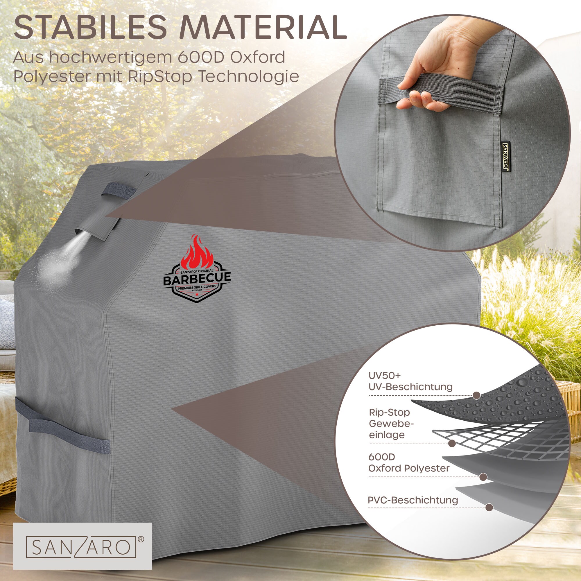 SANZARO BBQ Grill Abdeckplane Wasserdicht – 600D Oxford mit RipStop-Textilgewebe, Abdeckhaube für Weber Brinkmann Char Broil, Cover Grill Abdeckung Winterfest Schutzhülle Grillschutz - 183x71x117cm | Grau 183 x 71 x 117 cm (BxTxH)