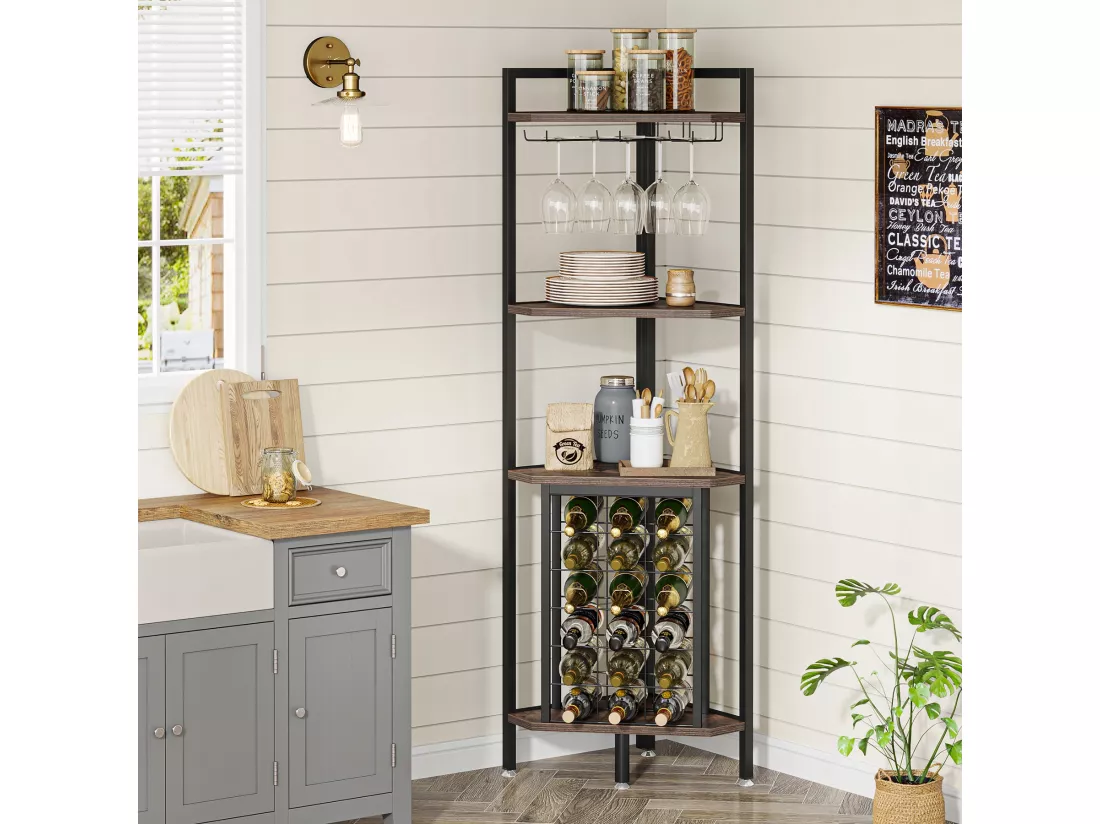 Étagère d'angle avec Range Bouteille et étagères de Rangement, Barre d'angle à 4 Niveaux, étagère d'angle Autonome pour Salon, Salle à Manger, Cuisine