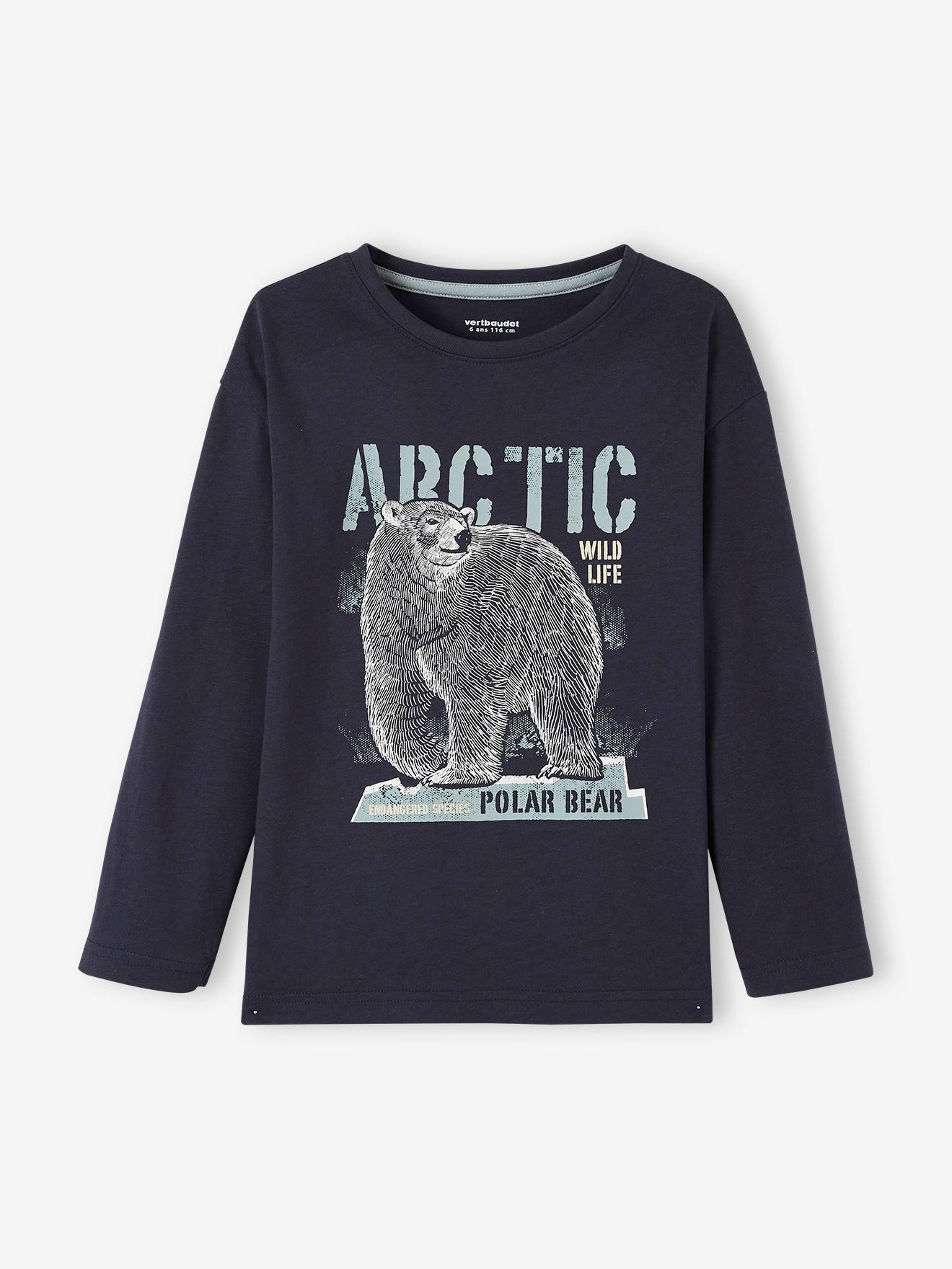 Camiseta com estampa da natureza, 100% algodão orgânico, azul médio liso para meninos.