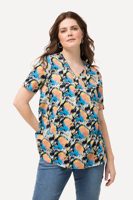 T-Shirt, Zierfalten, A-Linie, V-Ausschnitt, Halbarm