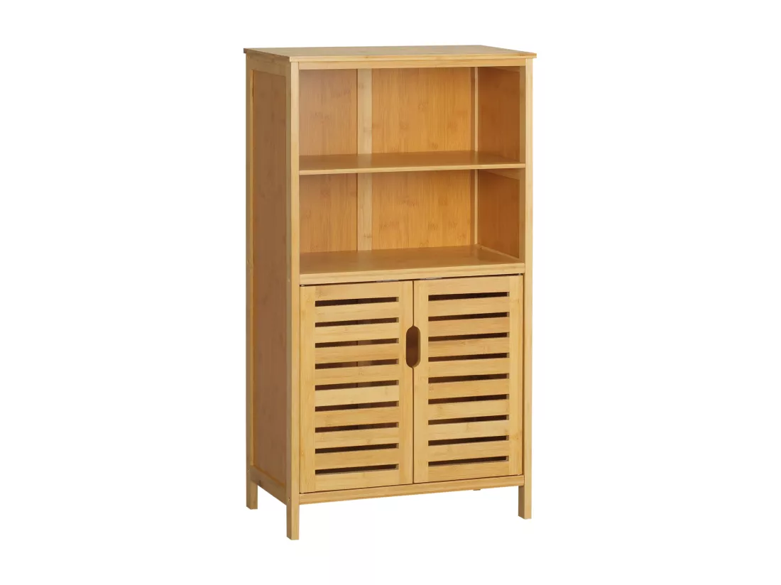 Meuble rangement bas salle de bain bambou style naturel 2 portes avec étagère 2 niches bambou