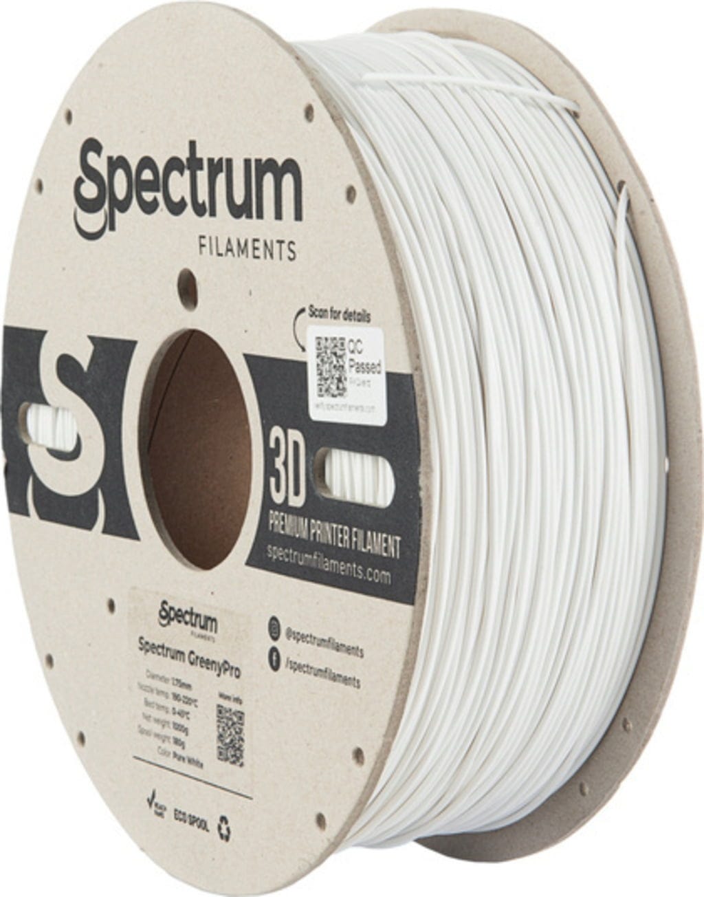 Spectrum  GreenyPro Pure White, 1,75 mm / 1000 g    Bio-Performance-Filament mit hoher Temperaturbeständigkeit in Pure White