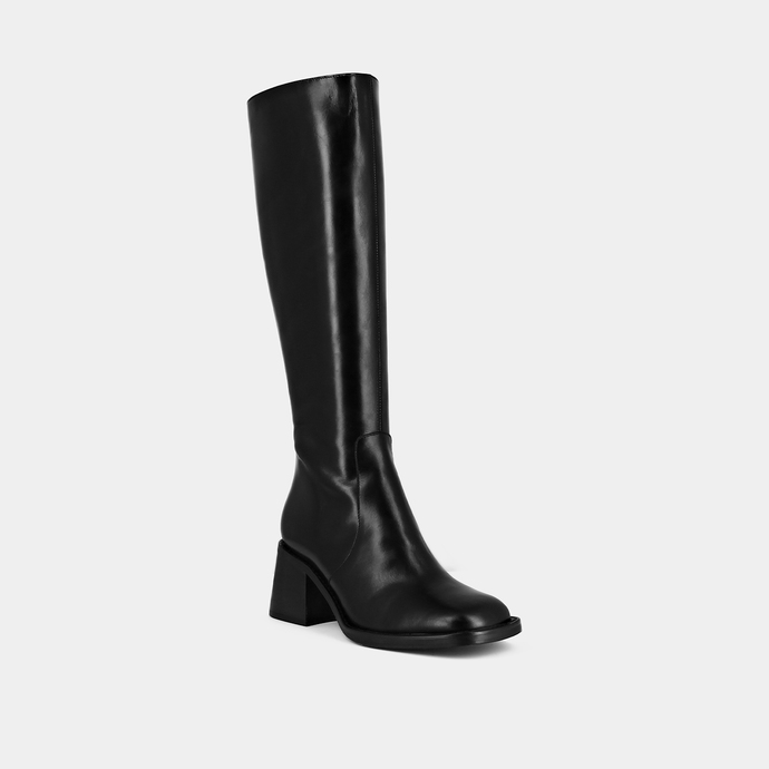Bottes à talons épais et bouts carrés  en cuir noir