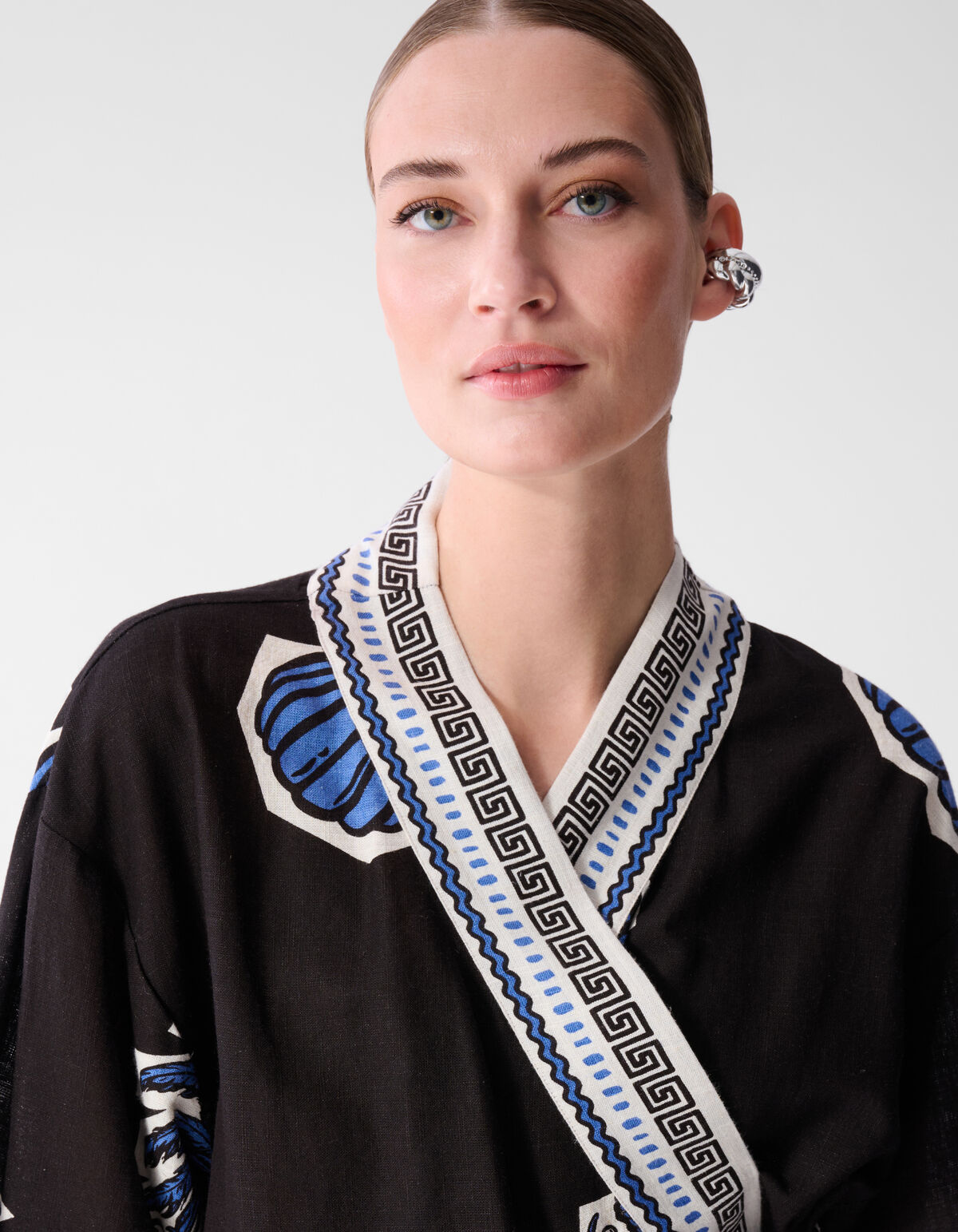 Palm Print Kimono Mini Jurk Bruin