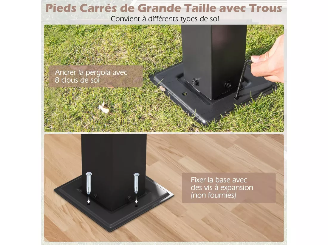 Pergola Rétractable d'Extérieur 305 x 305 CM, Pergola Métallique à Toit Plat pour Patio avec Auvent Rétractable 2 Couvre-soleils à Enrouleur, Tonnelle Abri pour Jardin Patio Porche (Beige)