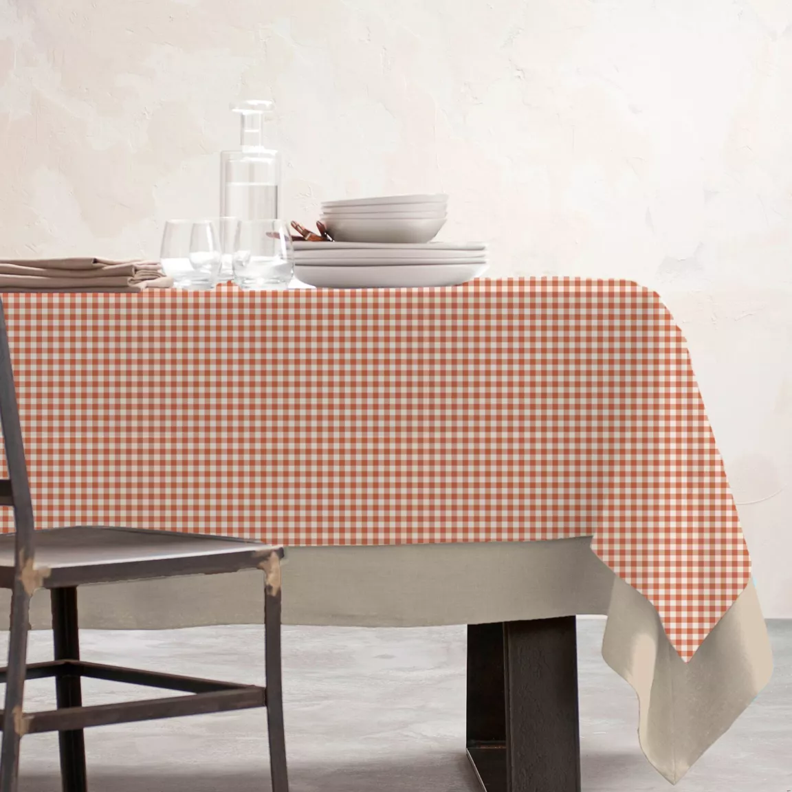 Nappe rectangulaire coton enduit (150 x 250 cm) Vichy Terracotta