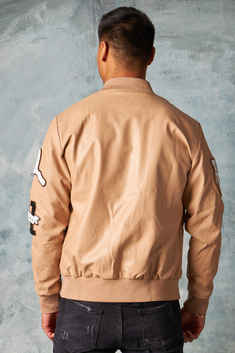 Bomber en simili cuir beige foncé brodée 