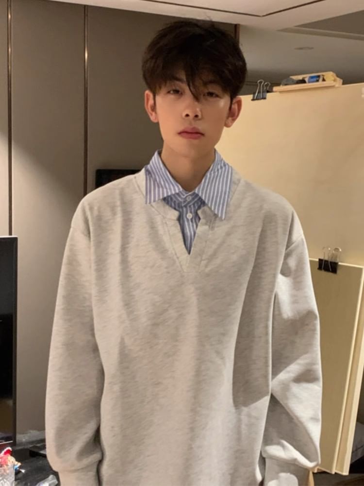 Chuoku - Sweatshirt met kraag, effen strepen en paneel, tweedelig model