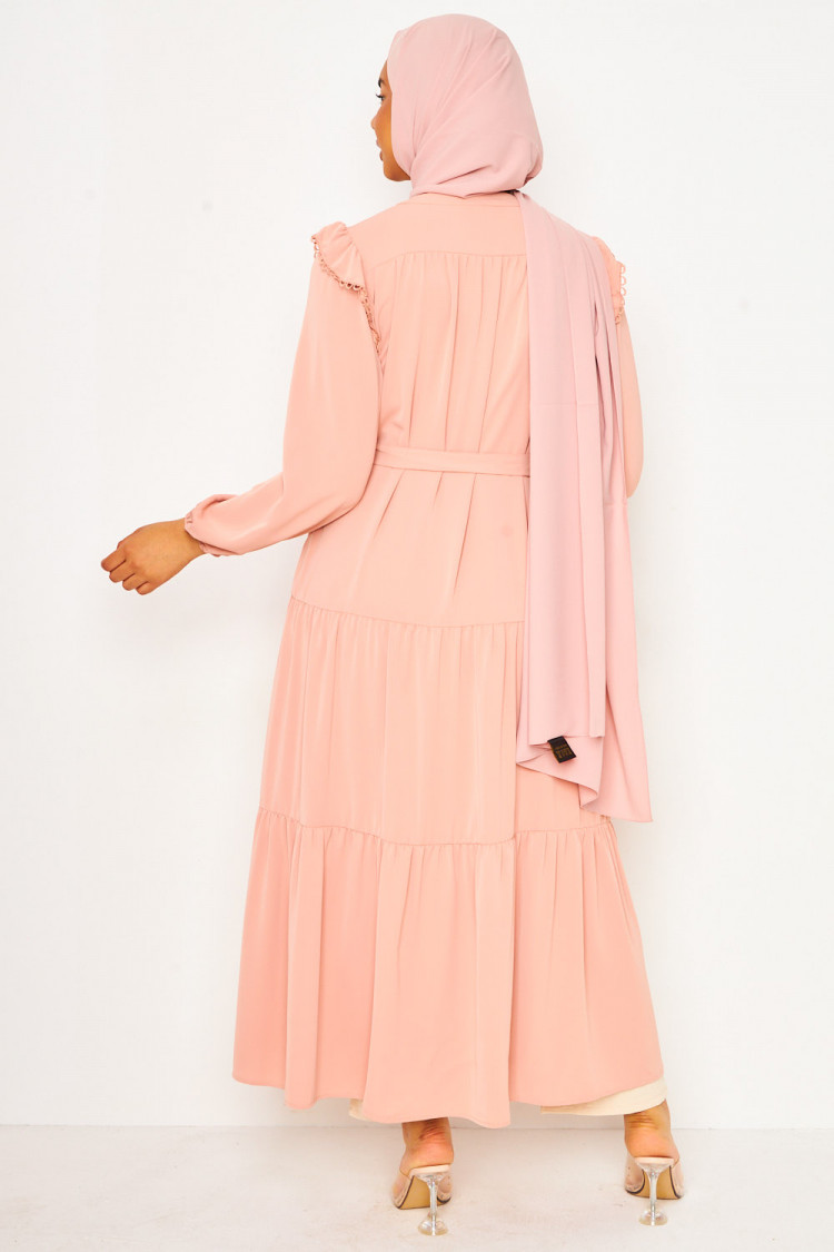Abaya longue rose à détails crochet