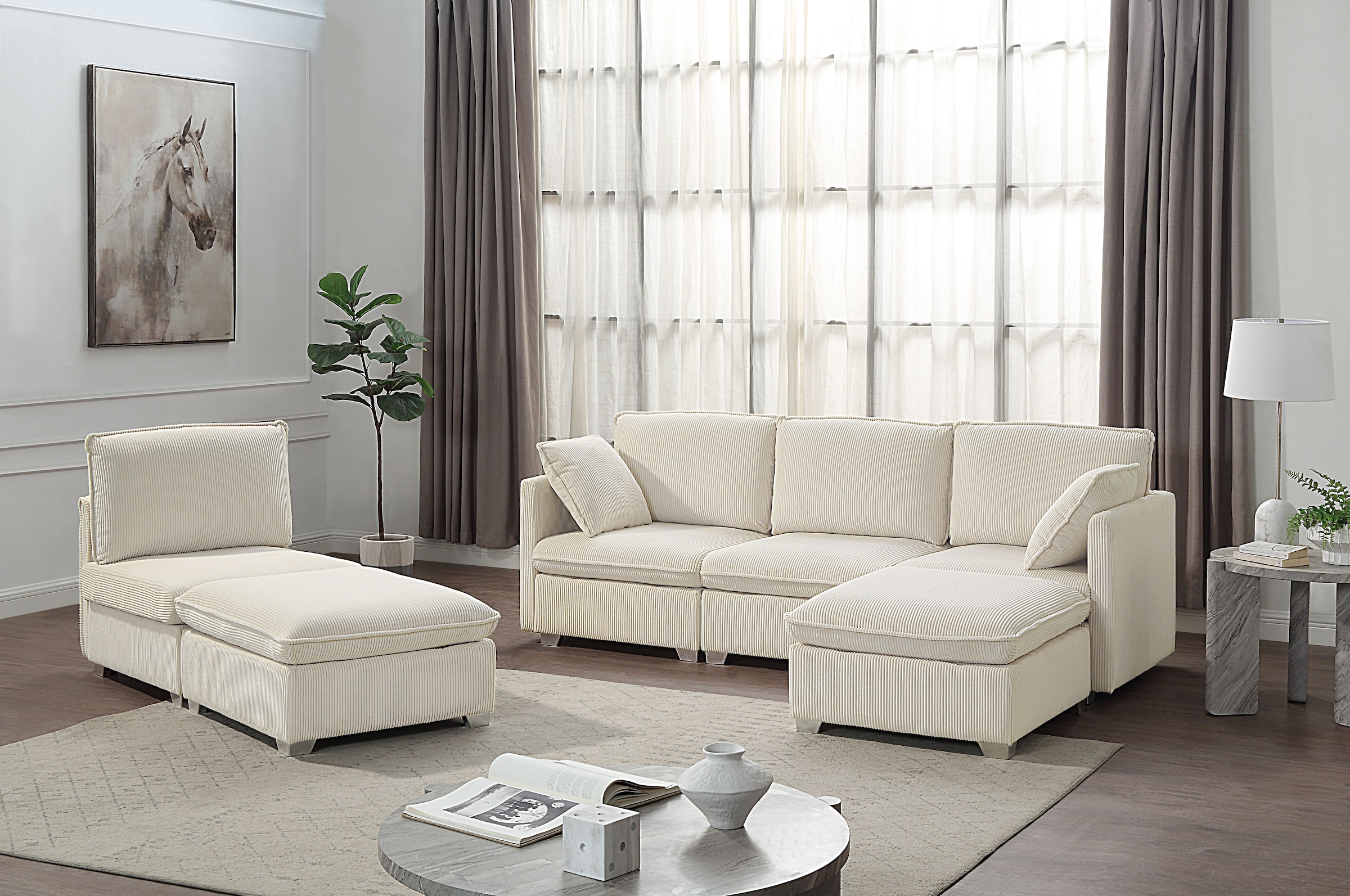 ATLANTIC home collection Wohnlandschaft modularer 4-Sitzer mit 2 Hockern, weicher Cordbezug