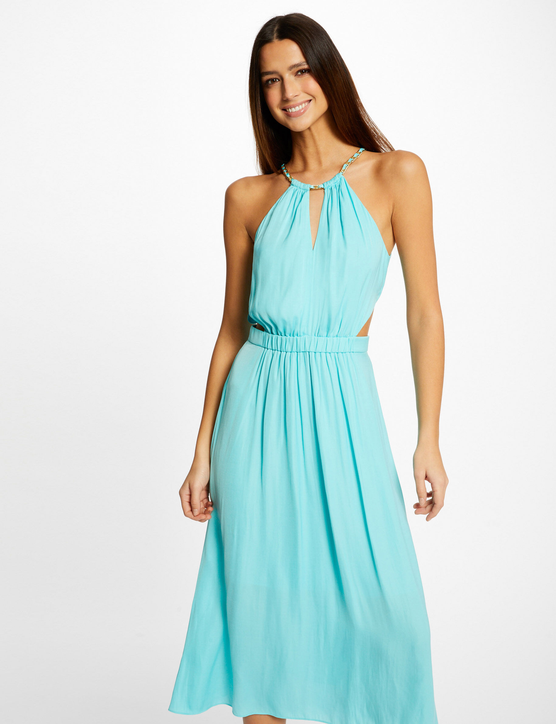 Robe midi évasée à encolure américaine bleu clair femme - bleu_clair