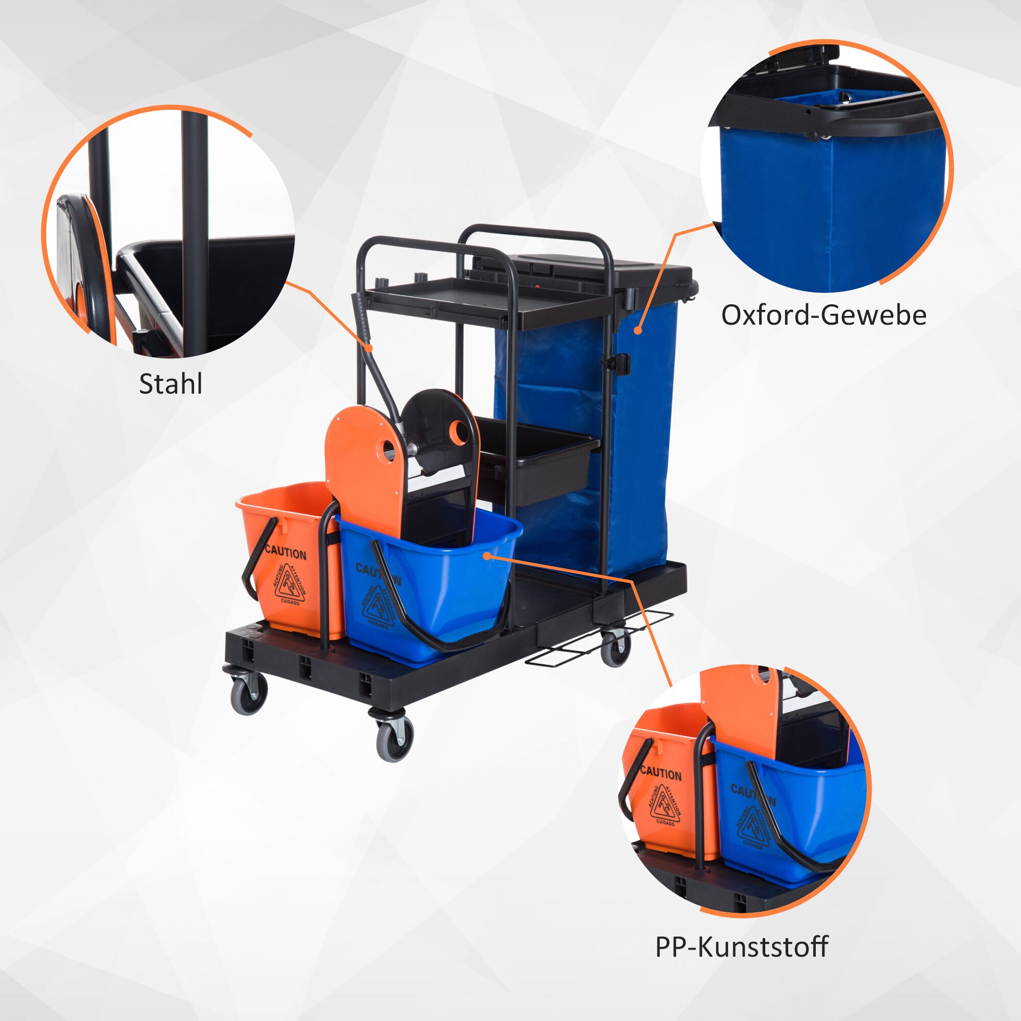 HOMCOM Putzwagen mit 4 leichtgängigen Rollen schwarz, blau, orange 111x 63,3x 103 cm (LxBxH)