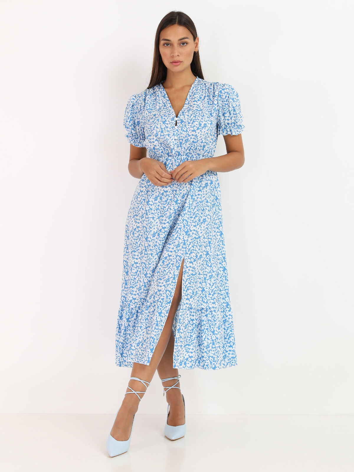 Robe fendue à imprimé floral- Bleu clair