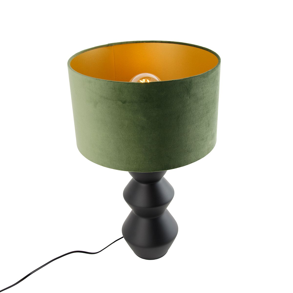 Design tafellamp zwart 16 cm velours kap groen met goud 35 cm - Alisia