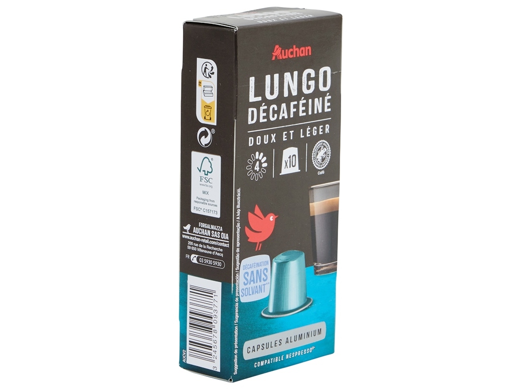 CÁPSULAS AUCHAN CAFÉ NESPRESSO ALUMINIO LUNGO DESCAFEINADO 10UN