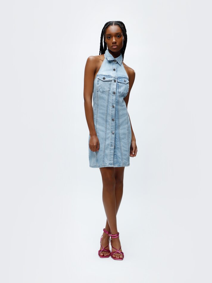 Vestido jeans com decote halter - Azul claro
