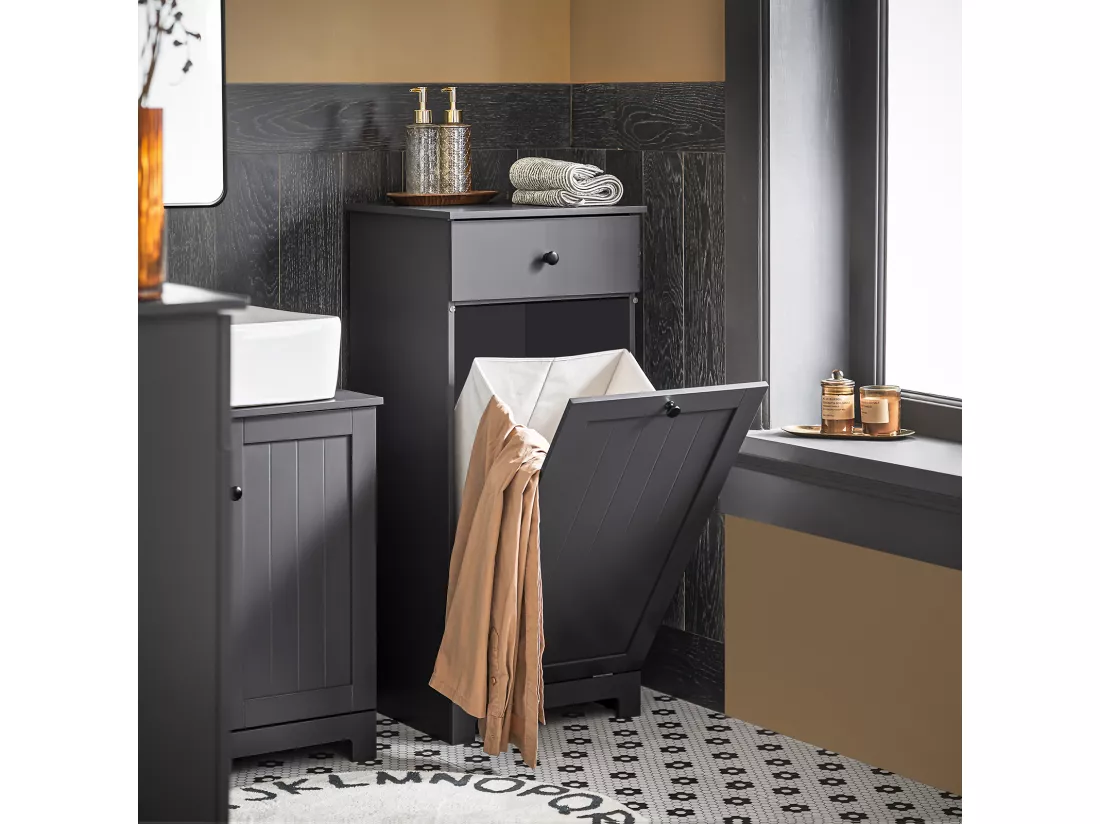 Meuble Bas De Salle De Bain Armoire Toilette Avec 1 Tiroir 1 Panier À Linge Gris Foncé, BZr21-dg
