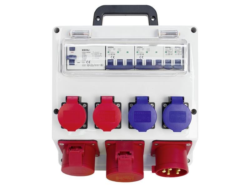 STEFFEN Baustromverteiler CEE32/5 32 A IP55 FI Mobiler Stromverteiler bestückt mit Fehlerstromschutzschalter 63A 30mA