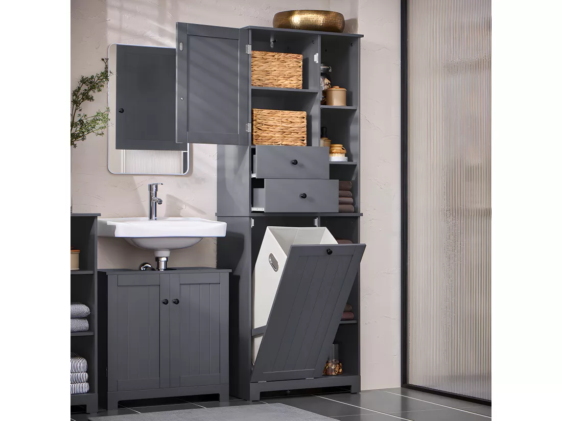 SoBuy Meuble Colonne de Salle de Bain Placard Armoire Toilette Haute Meuble de Rangement pour Salle de Bain Buanderie, avec 2 Portes et 2 Tiroirs, 6 Étagères et 1 Panier à Linge 60x37x170cm, BZR104-DG