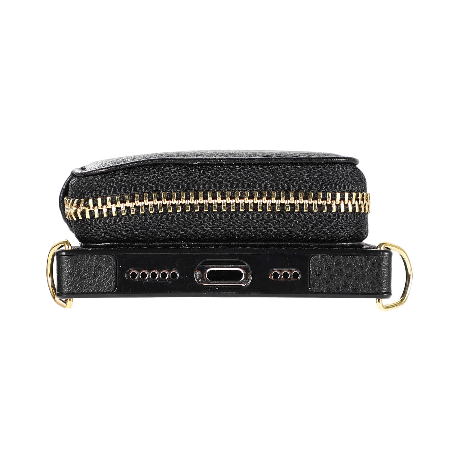 iPhone 13 Pro Necklace Leder Schutz Hülle mit Kartenfächer   Handykette (140cm) - Schwarz