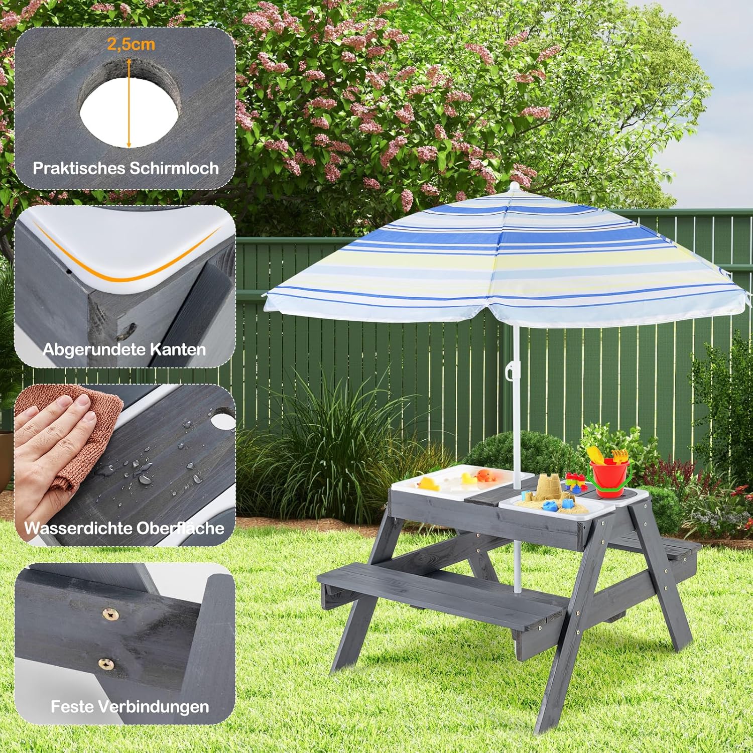 COSTWAY Kindersitzgruppe Outdoor, 2 in 1 Kindersitzgarnitur mit Sonnenschirm und 3 abnehmbaren Behältern für Sand & Wasser, Kinder Picknicktisch, Spieltisch, Gartenmöbel für Garten, Hinterhof
