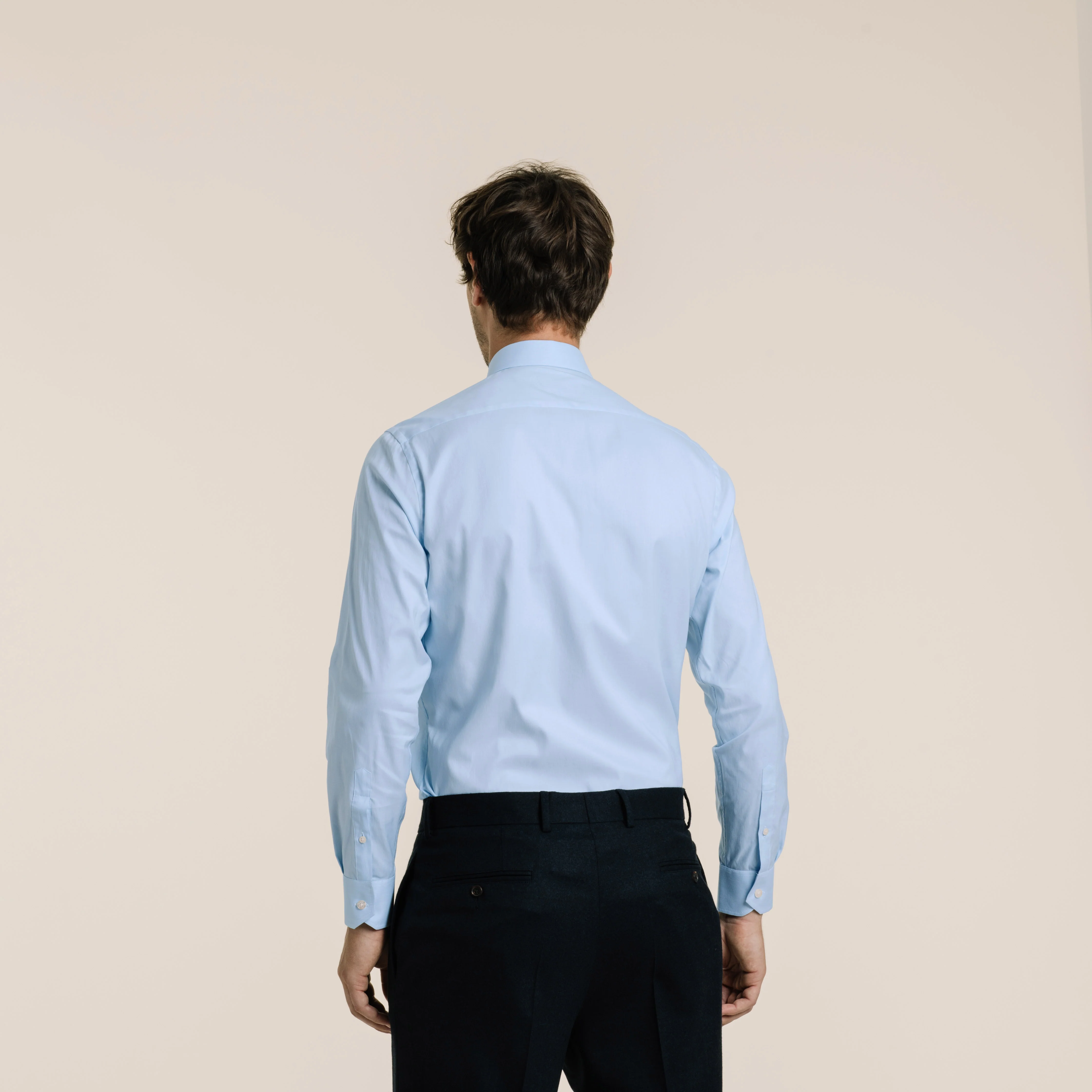 Double-twisted poplin shirt with fine blue stripes