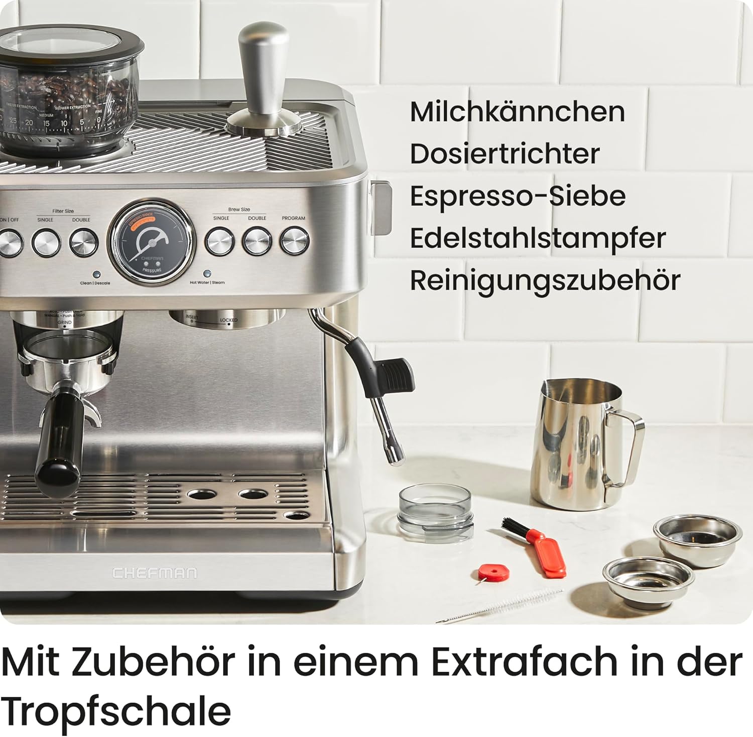 Chefman Crema Supreme 15 Bar Espressomaschine mit Milchaufschäumer, Barista Dampfstab, professionelle Kaffeemaschine mit Kaffeemühle, 30 Mahlgradeinstellungen, 3L abnehmbarer Wassertank - Edelstahl
