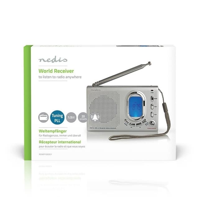 Nedis Verdensmodtager Radio | Bærbart design | AM / FM / SW | Batteri / Strømforsyning | Digital | 1.5 W | Hovedtelefonudgang | Vækkeur | Sleep timer | Grå