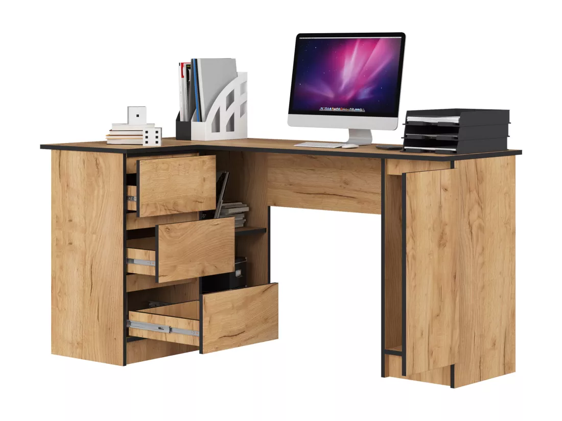 Grand bureau d'angle AKORD gauche B20 Chêne Craft 155 cm 1 porte 3 tiroirs façade Chêne Craft 4 étagères 155x85x77 cm
