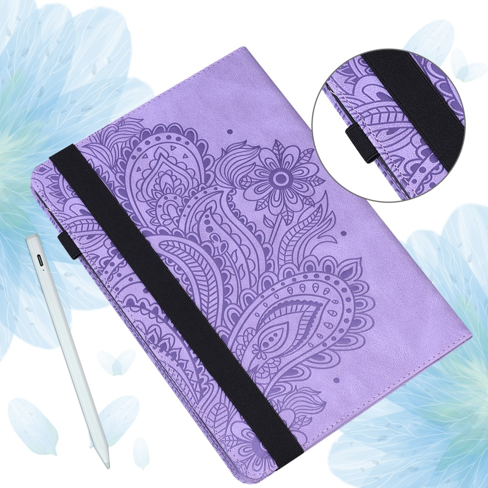 iPad Mini 7 (2024) / Mini 6 (2021) Leder Tasche Flip Cover Blumen Mandala Imprint - Lila