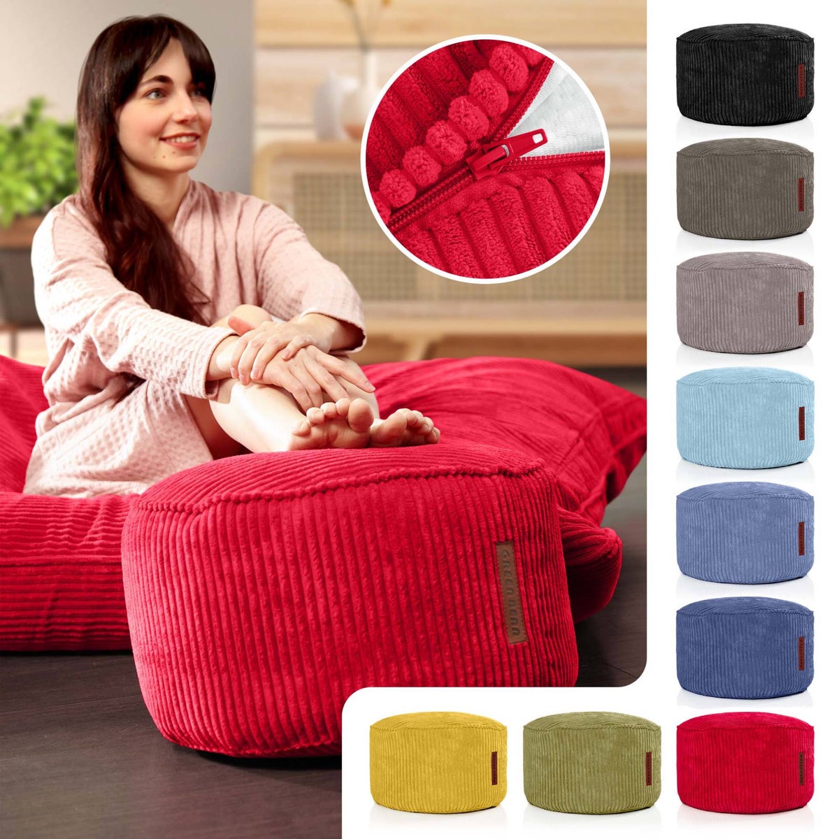 Groene bonen poef kussen 45x25cm met EPS kralen vulling & corduroy stof vloerkussen ligstoel kussen zitkussen poef fauteuil kinderen volwassenen stoffen kruk opbergruimte rood
