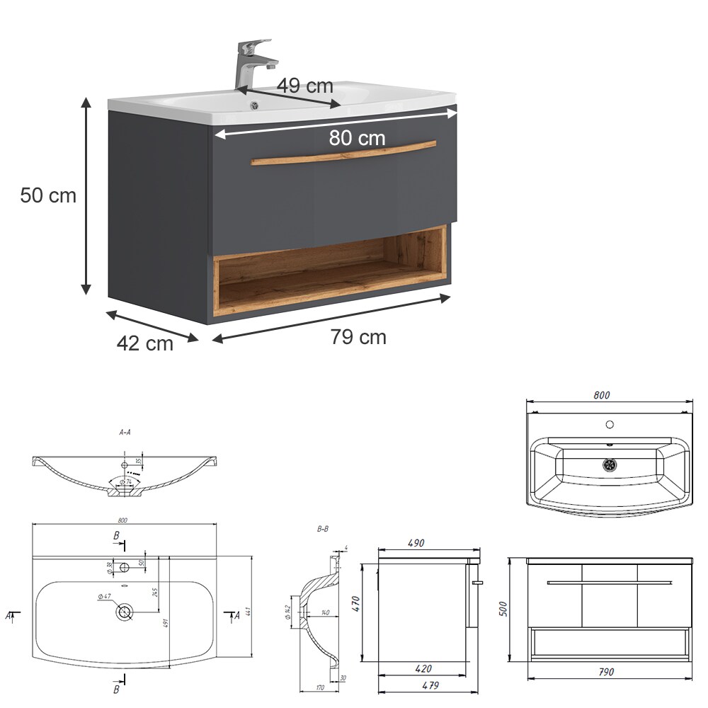 Vicco Waschbecken mit Unterschrank Stelantis, 80 cm, Anthrazit Eiche, Waschtisch