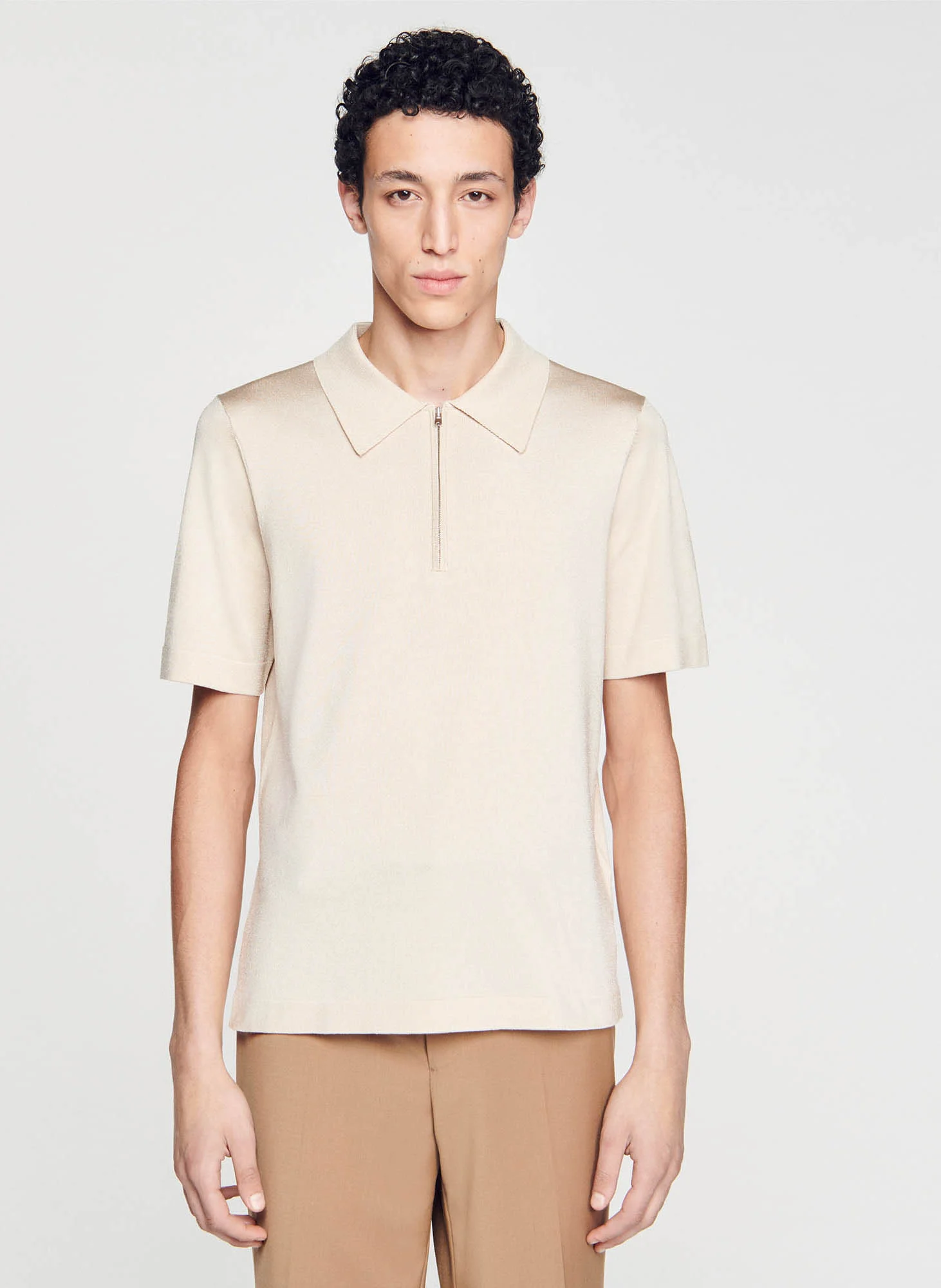 T-shirt manches courtes à col polo zippé | Beige
