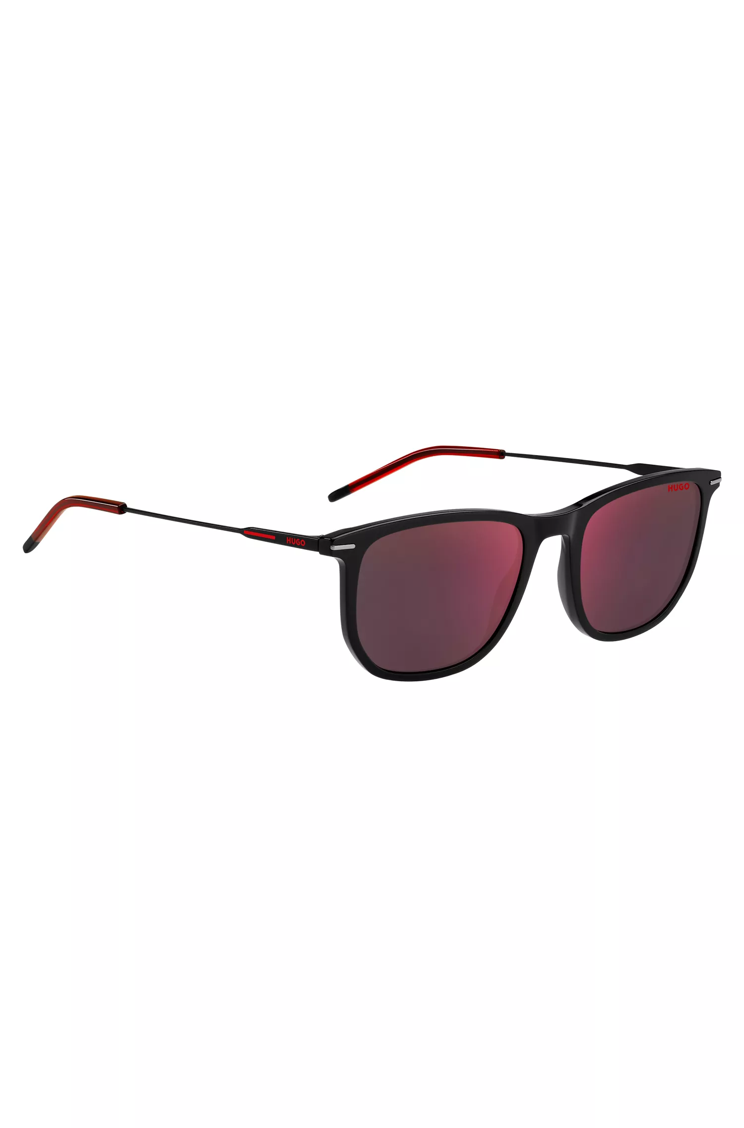 Óculos de sol HUGO em acetato vermelho e preto com detalhes em vermelho.