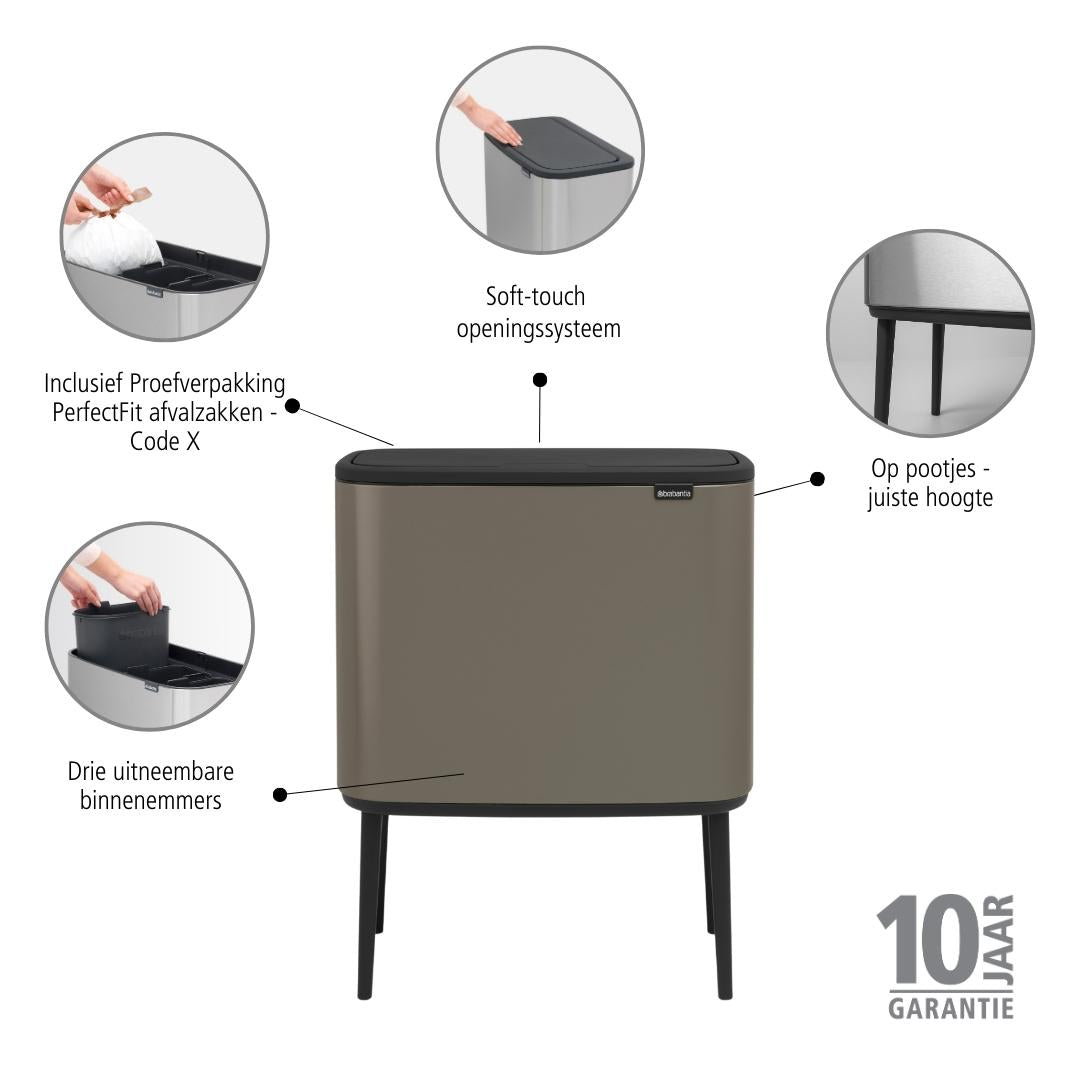 Brabantia Bo Touch Bin Afvalemmer 3 x 11 L - Platinum