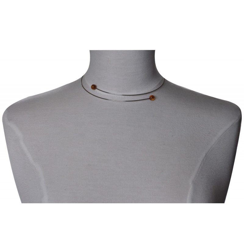 Collier Ras de Cou Argent et Perles Ambre Jaune