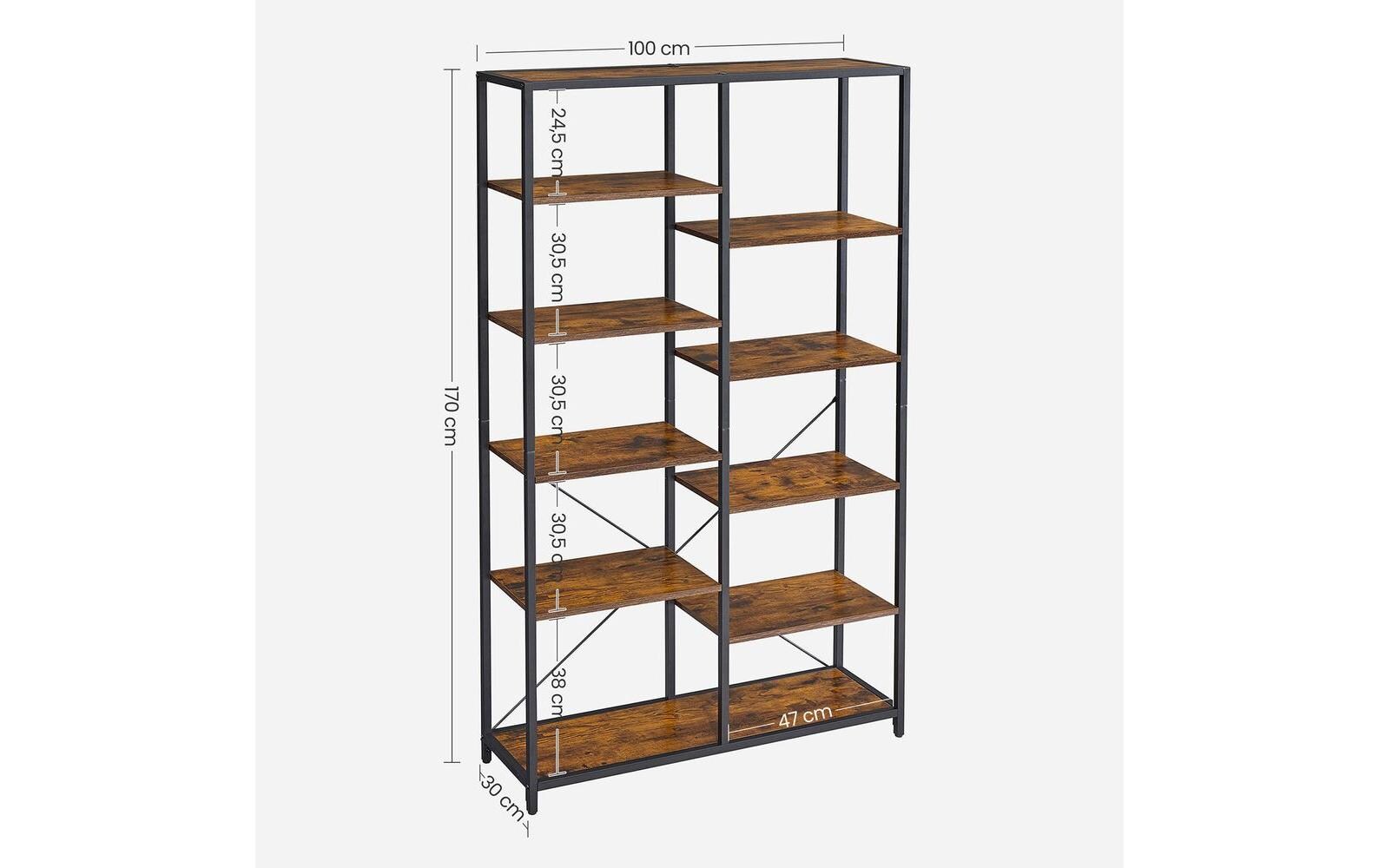 Regal mit 10 Ebenen 100 x 30 x 17 cm, Braun/Schwarz<br>Bücherregal