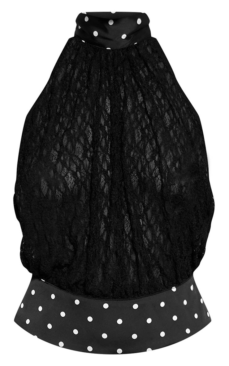 Noir Haut Col Halter À Garniture Tissée Contrastante En Dentelle