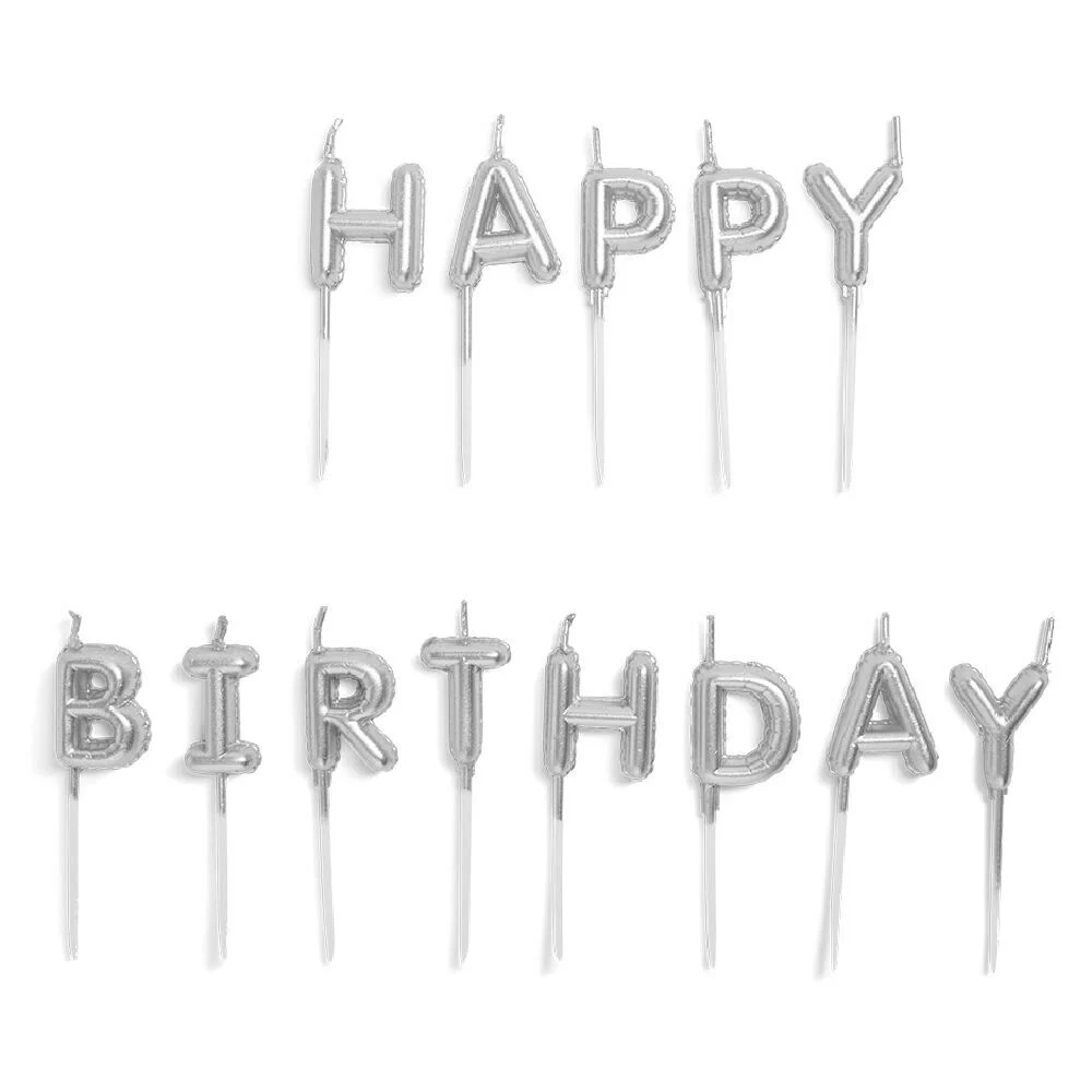 Bougie anniversaire lettres Happy Birthday argenté