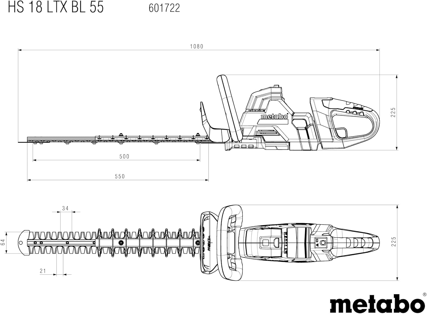 metabo Akku-Heckenschere HS 18 LTX BL 55 – 601722850 – 18 V– Elektrische Hecken- und Strauchschere mit Brushless-Motor – Ohne Akku und Ladegerät