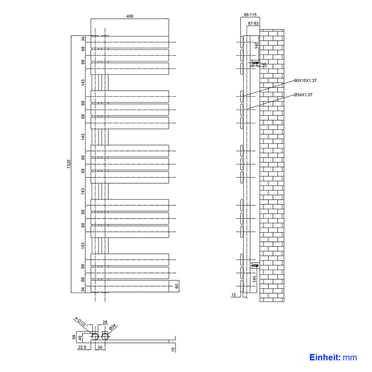 EMKE Flat Badkamerradiator 1320x400 mm Wit, Handdoekwarmer voor Badkamers, Handdoekdroger, Paneelhanddoekhouder met Zijwateraansluiting, 570W