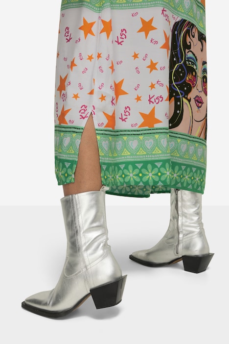 Kleid, Midilänge, Patch-Druck, Tunika-Ausschnitt, Langarm