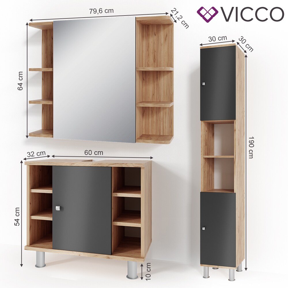 VICCO Badmöbel Set FYNN Eiche Anthrazit Spiegelschrank Unterschrank Hochschrank