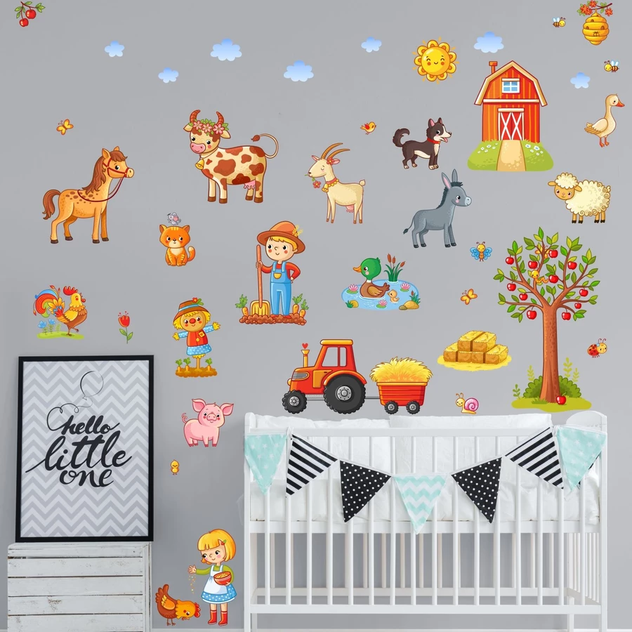 Nikima Wandtattoo 079 Wandtattoo Bauernhof Traktor Kinderzimmer Pferd Kuh Katze Hund bunt