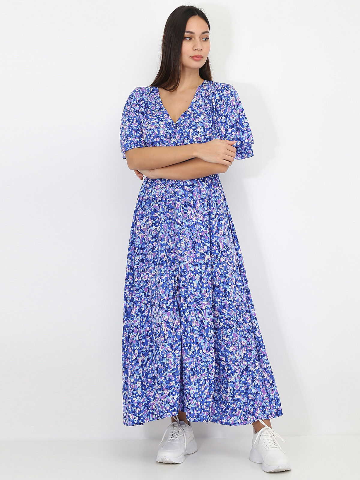 Robe longue à motif tacheté- Bleu