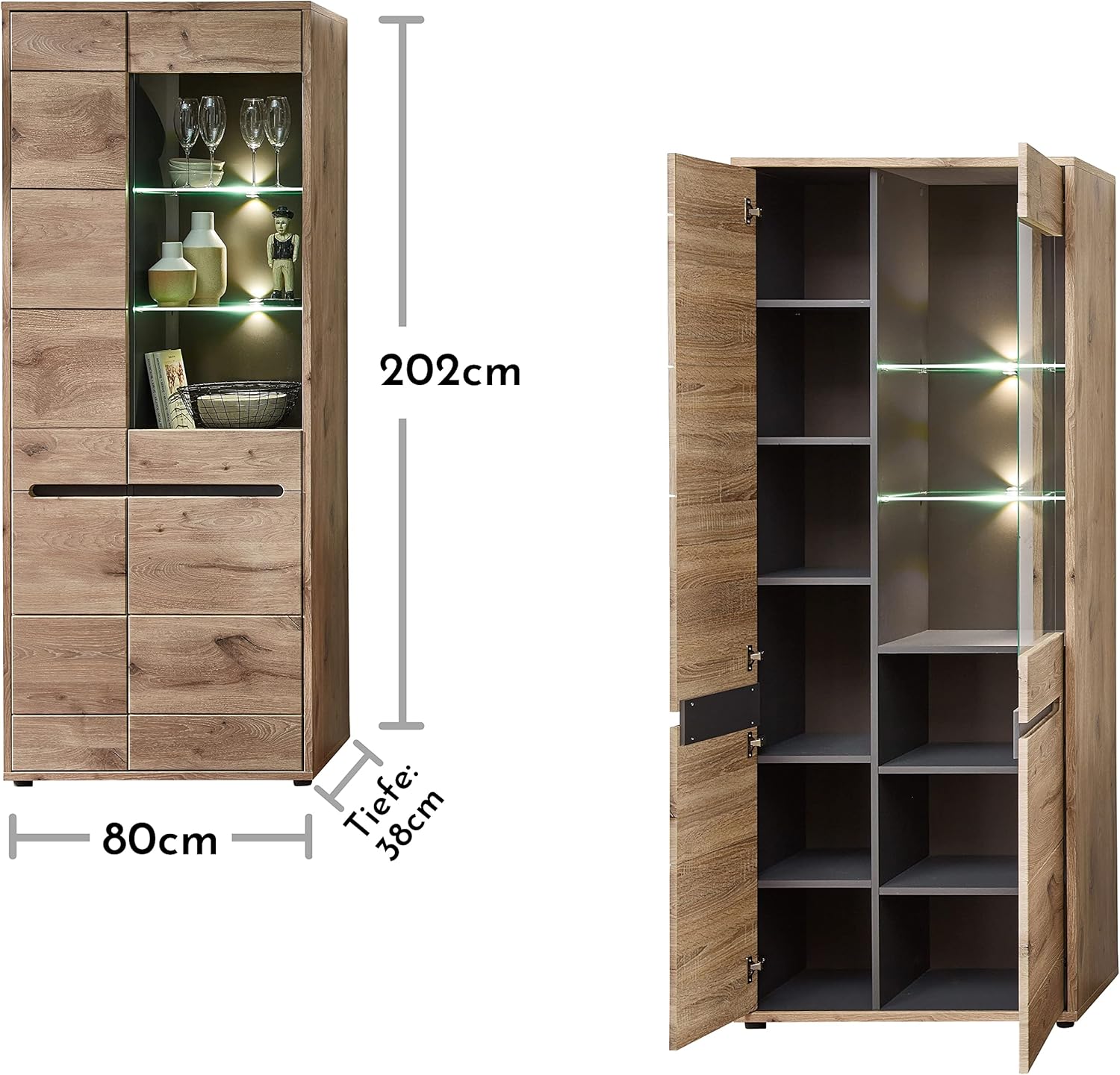 Stella Trading BELLANO Vitrine in Viking Eiche Optik, Graphit - Moderner Vitrinenschrank mit LED-Beleuchtung und viel Stauraum - 80 x 202 x 38 cm (B/H/T)